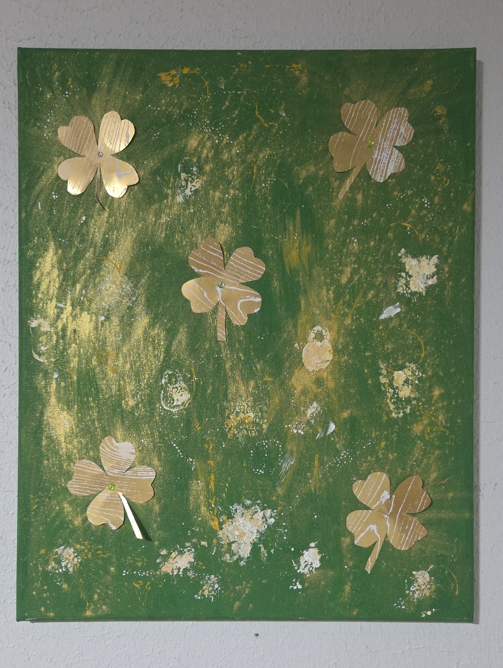 Handpainted Shamrock Abstract Canvas Wall Art in Green and Gold